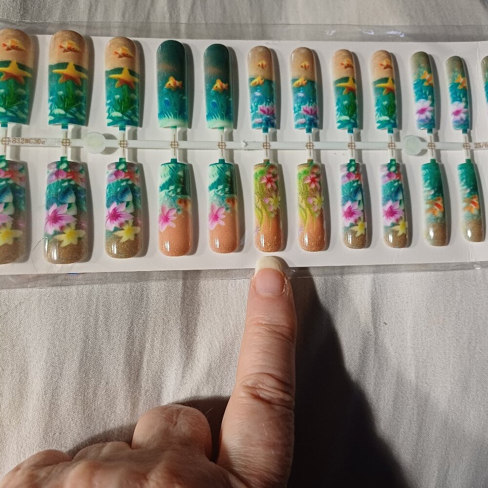 Beach Sea Life Starfish Coral Ocean Shore Fish Sand Flowers Press On Nails Long